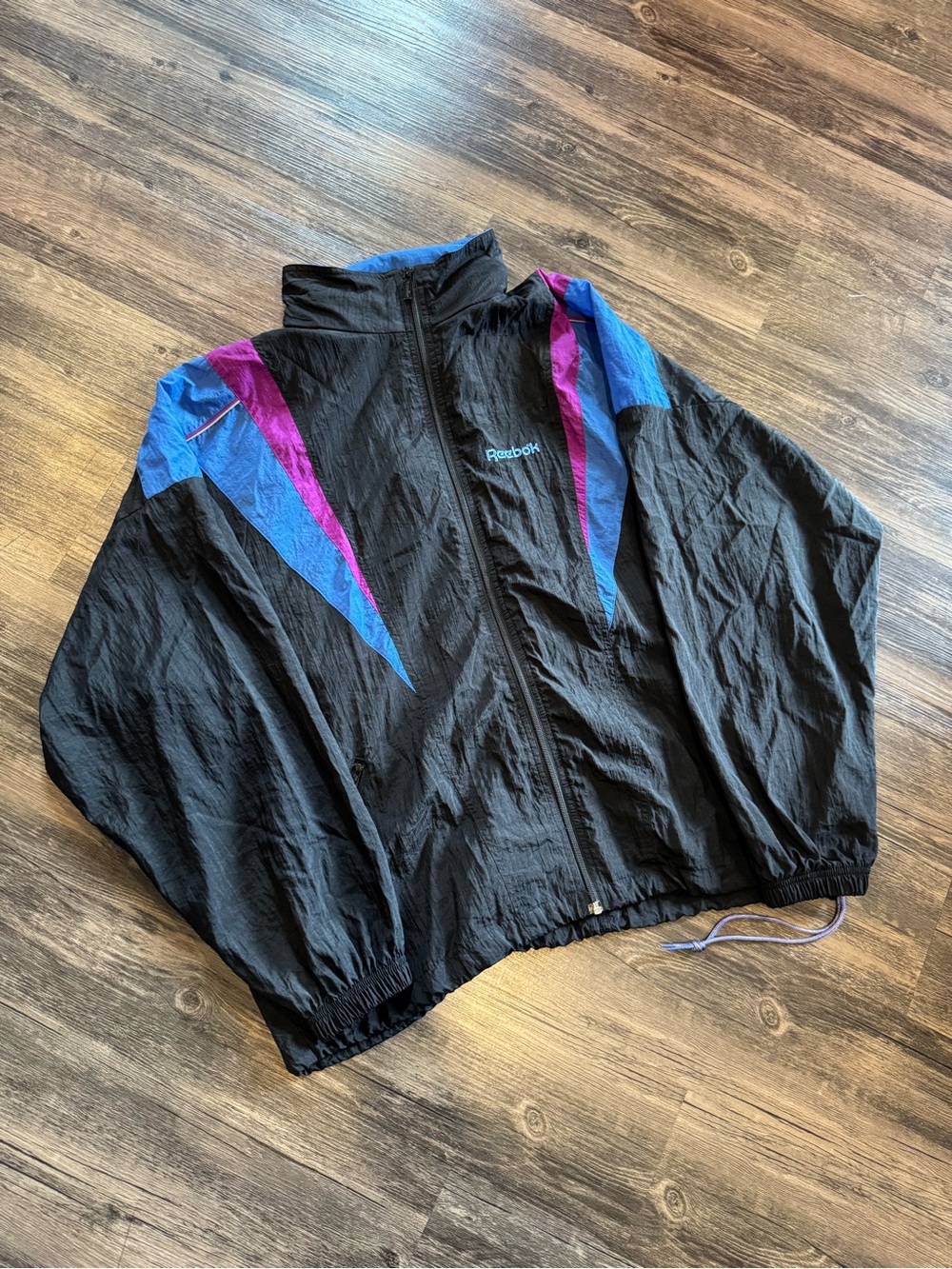 Vintage 90’s Reebok Full Zip Black Purple Blue  Hoodie Windbreaker Mens Large